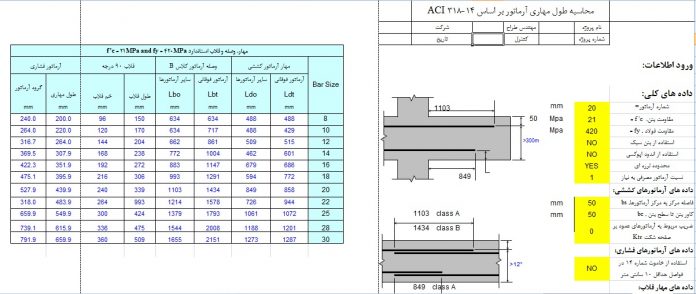 دانلود فایل اکسل محاسبه طول مهاری آرماتور مطابق ACI318-14